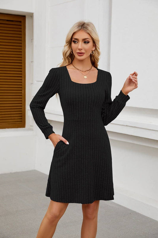 CWDSD8812_SQUARE NECK POCKET KNIT LONG SLEEVE CASUAL DRESS