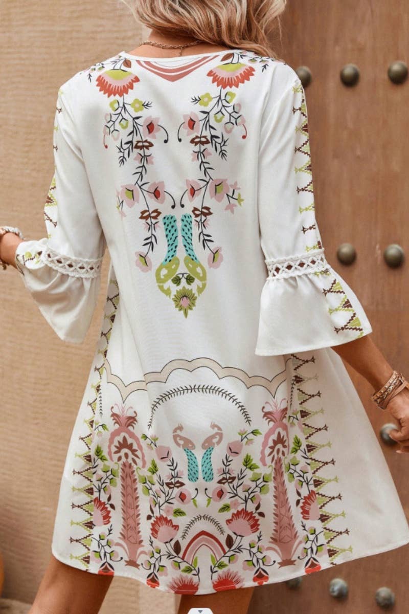 CWDSD4861_SUMMER CASUAL V-NECK LACE PATCHWORK PRINT DRESS