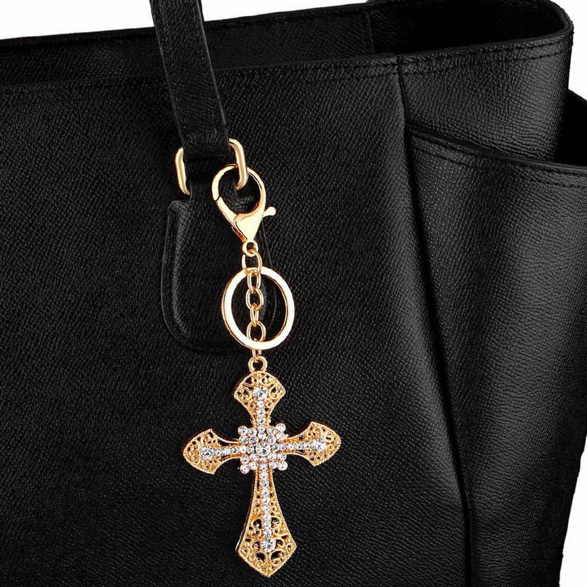 INLAID DIAMOND CROSS METAL KEYCHAIN