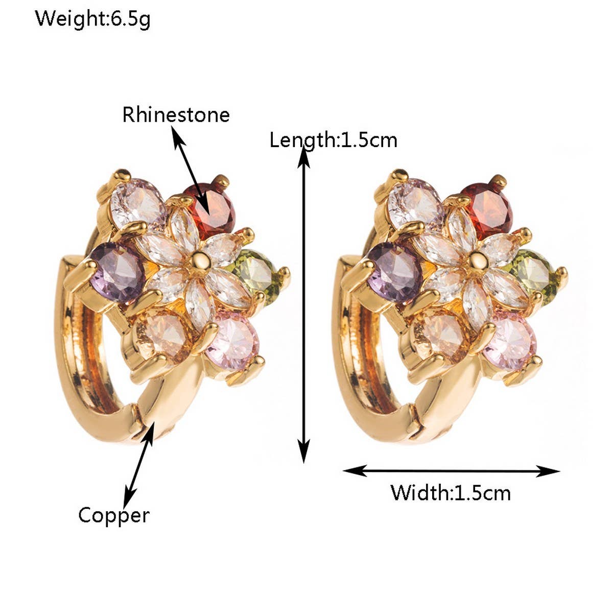 Colorful Flower CZ Hoop Earrings Gold-Plated Brass