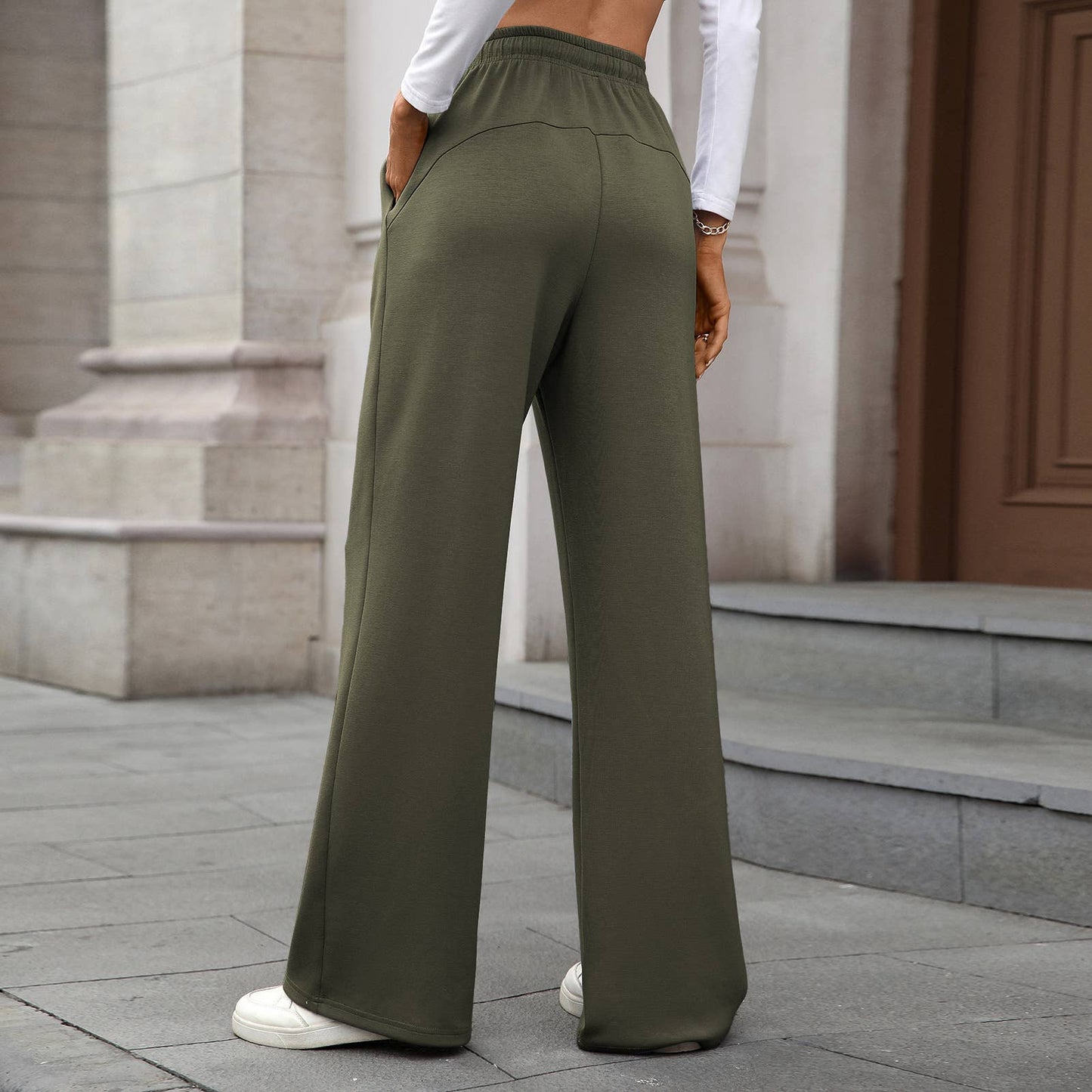 Solid color stretch waist loose straight pants