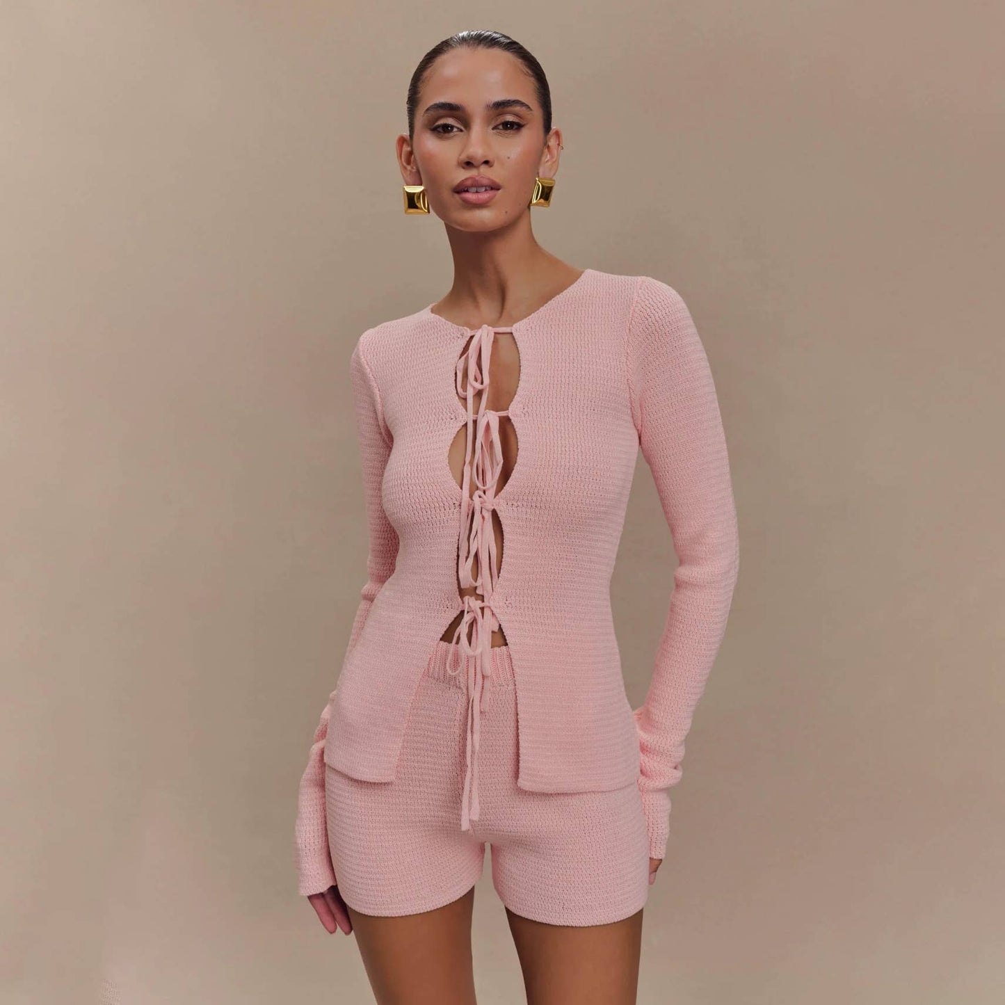 Sexy style lace-up and cut-out knitted suit