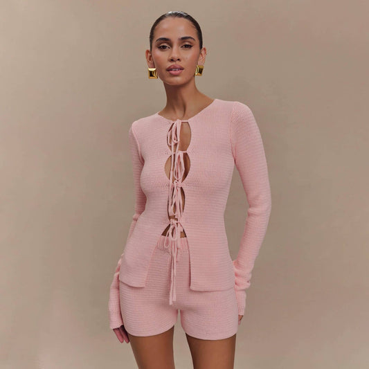 Sexy style lace-up and cut-out knitted suit