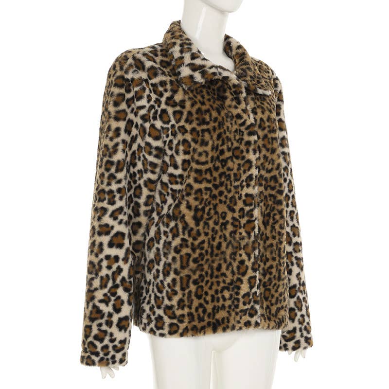 LEOPARD PRINT FUR LAPEL BAGGY VINTAGE ZIP HOODIE