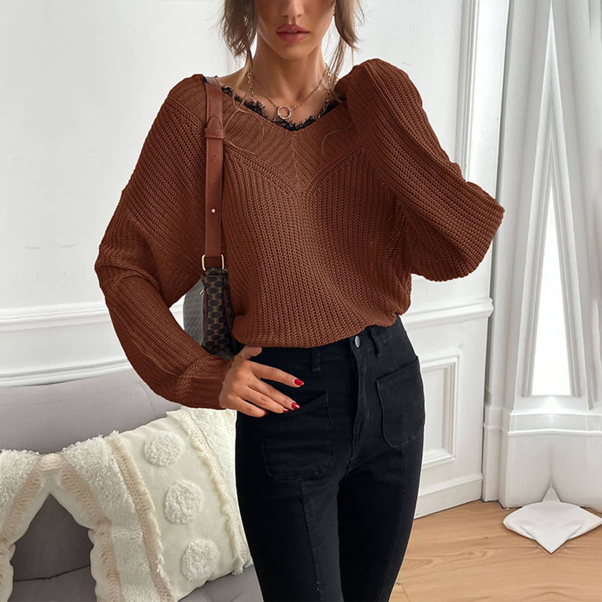 Patchwork Lace Jumper Solid Color Knit Sweater