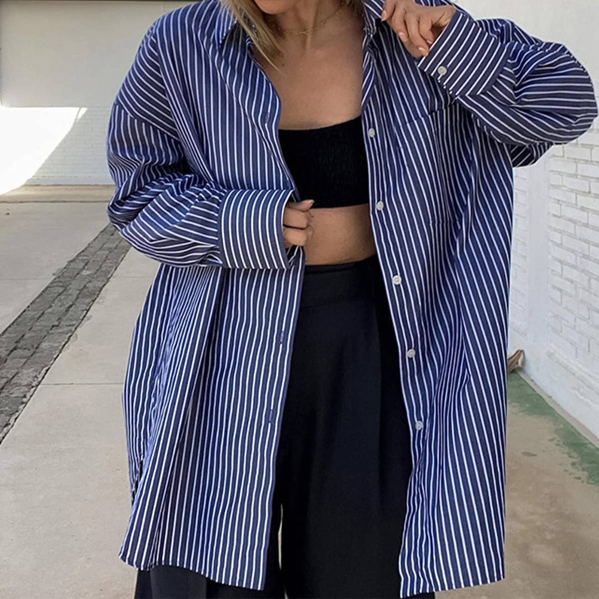 Striped cotton long sleeve loose button-up shirt