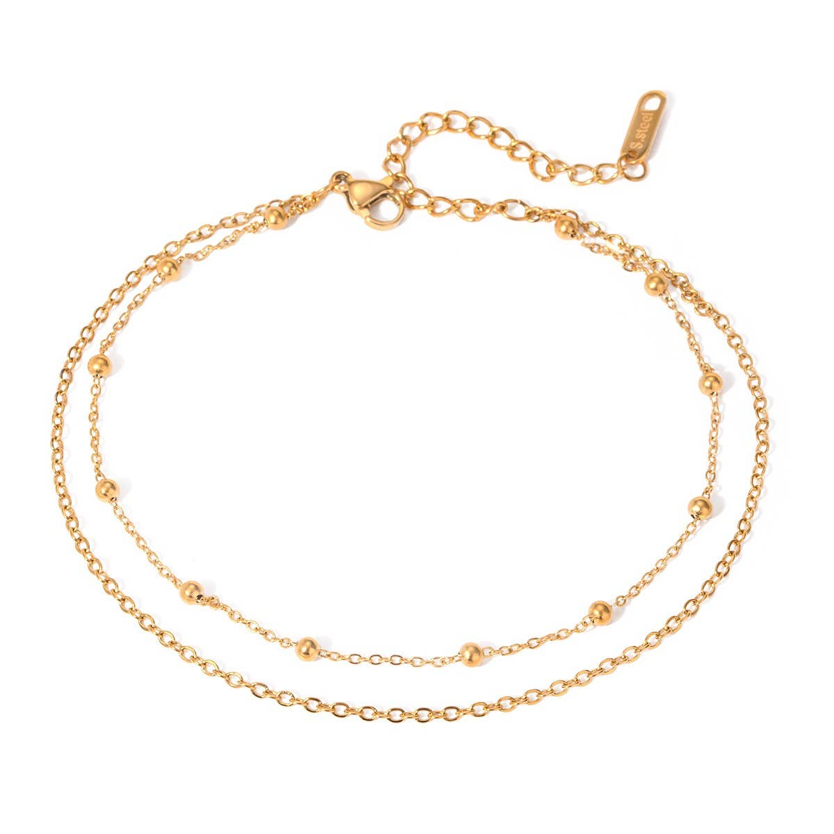 18K Gold Double Layer Beaded Anklet, Non-Tarnish_CWAJE4636