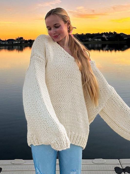 SOLID COLOR SIMPLE LOOSE V-NECK KNIT SWEATER