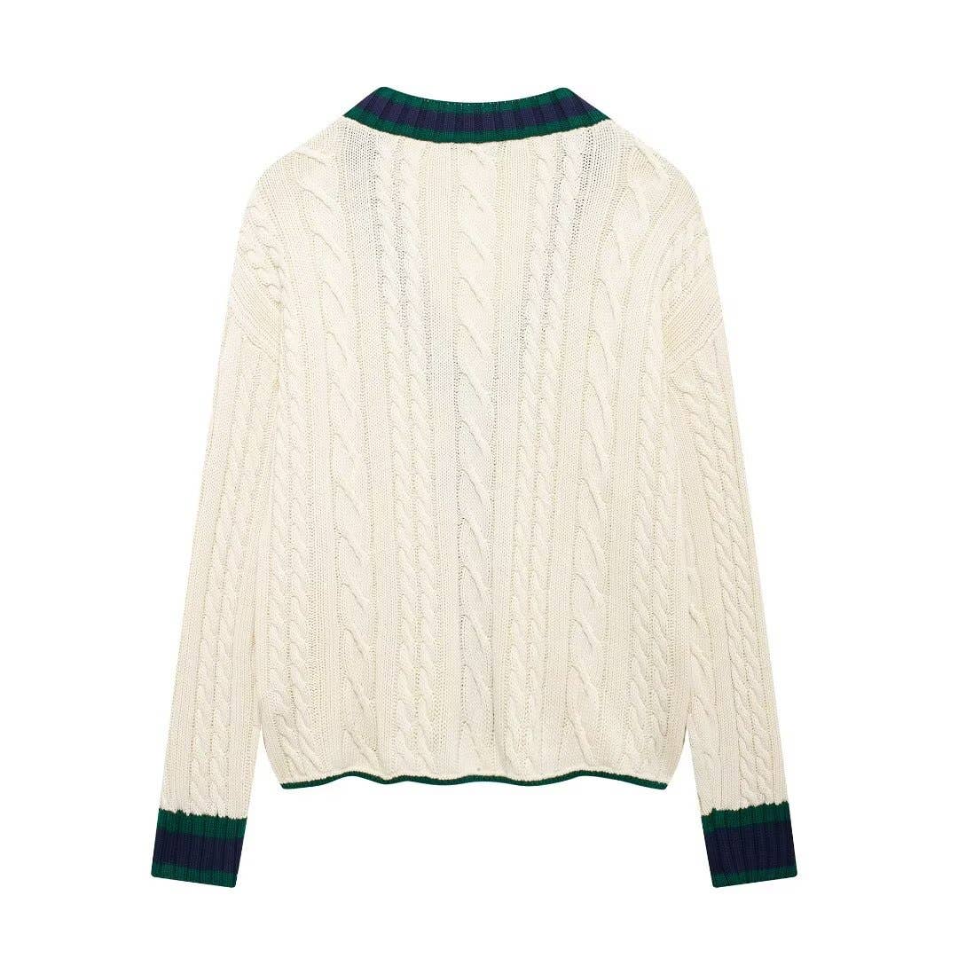 Stylish casual V-neck contrasting knit jacket