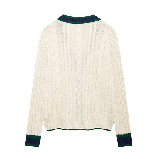 Stylish casual V-neck contrasting knit jacket