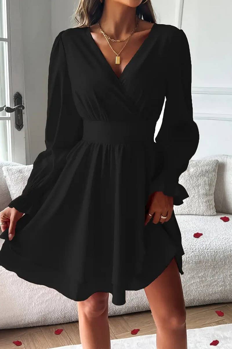 CWDSD8566_SOLID DOUBLE LAYER HEM V-NECK WAIST DRESS