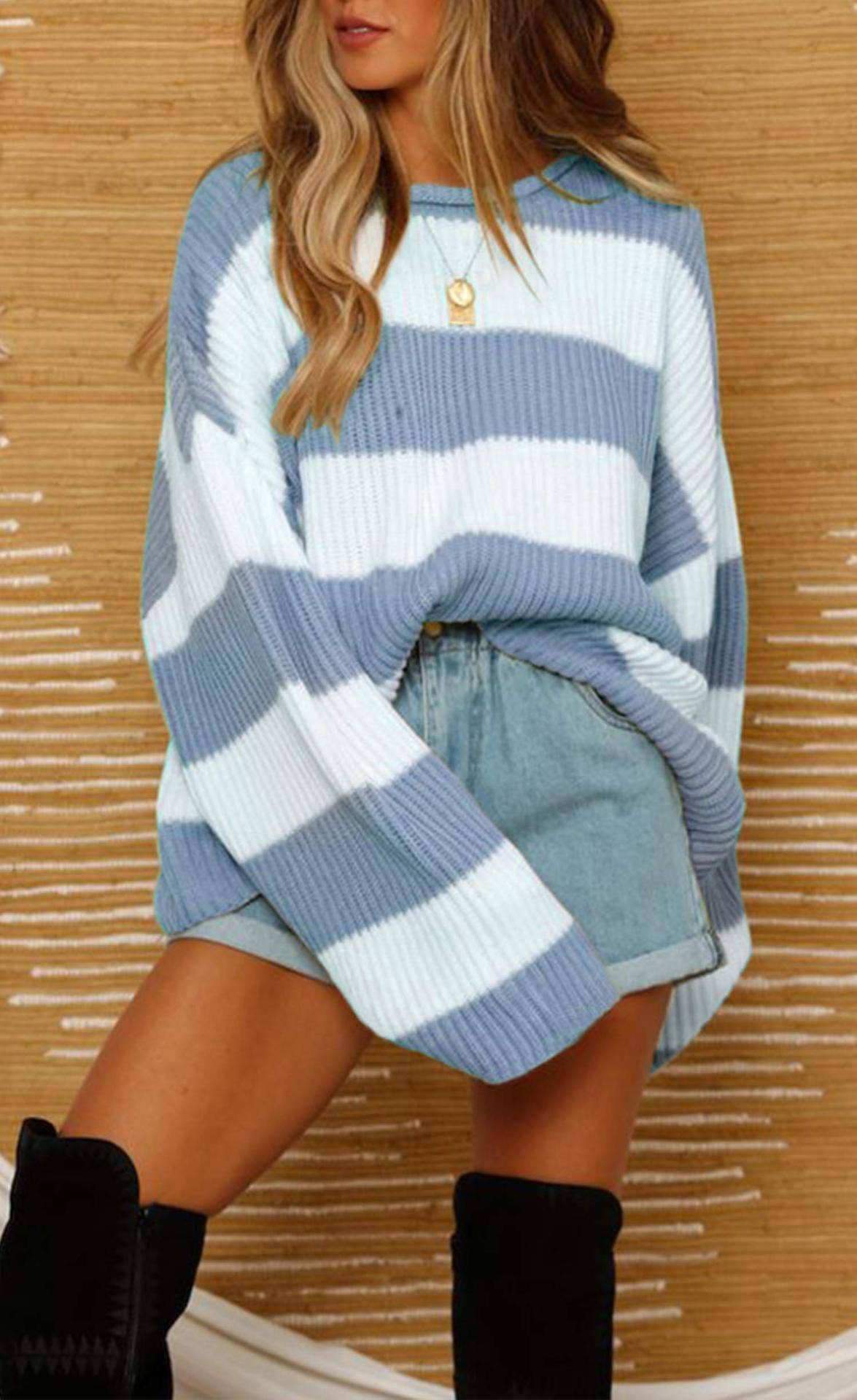 Temperament crew-neck long sleeve color striped sweater
