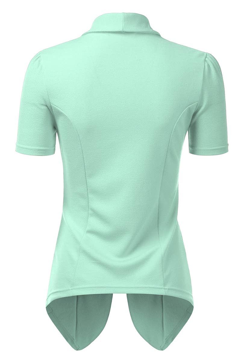 CWOBL095-P_Short Sleeve Open Front Draped Ruffles Blouses