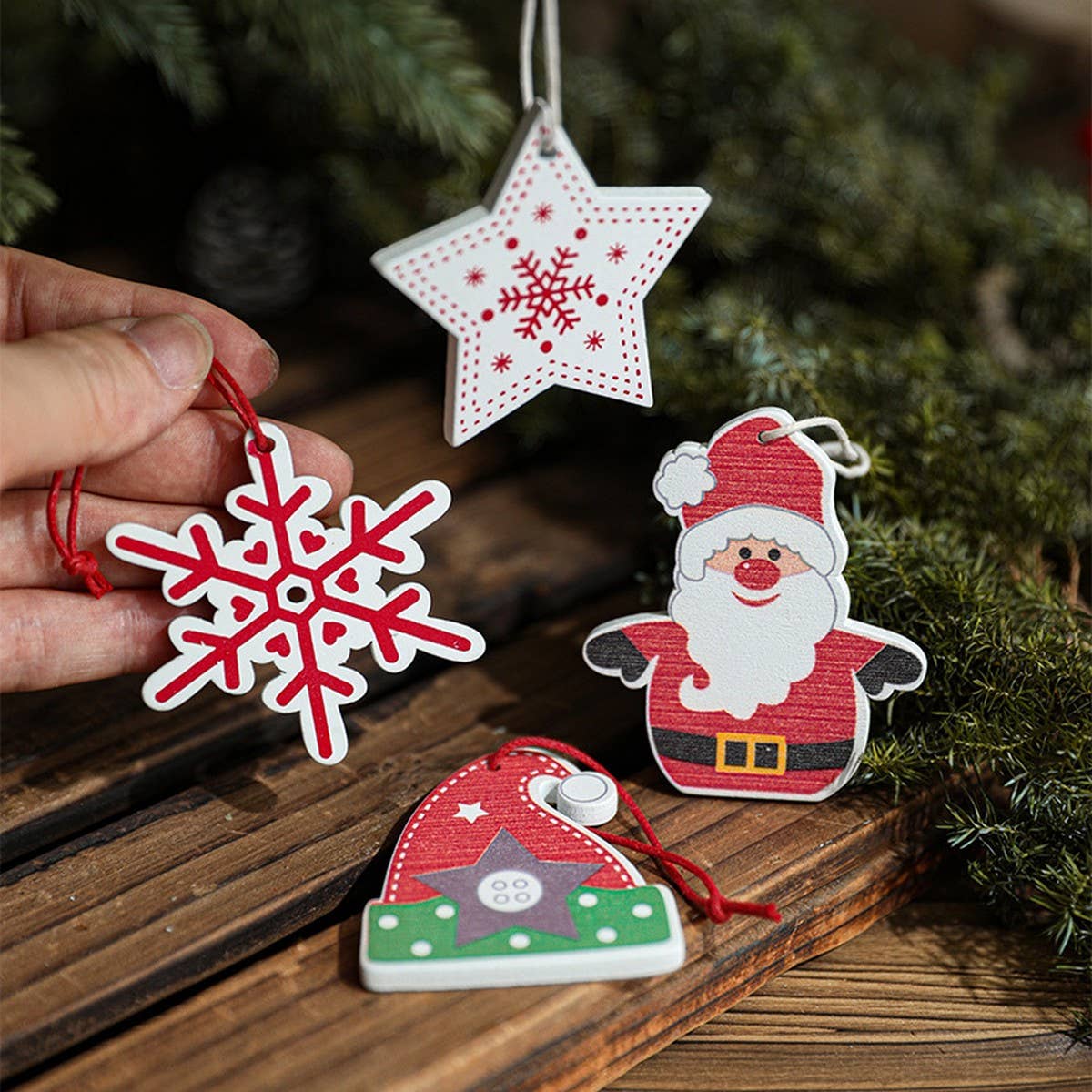 Colorful Wooden Santa Snowflake Tree Ornament