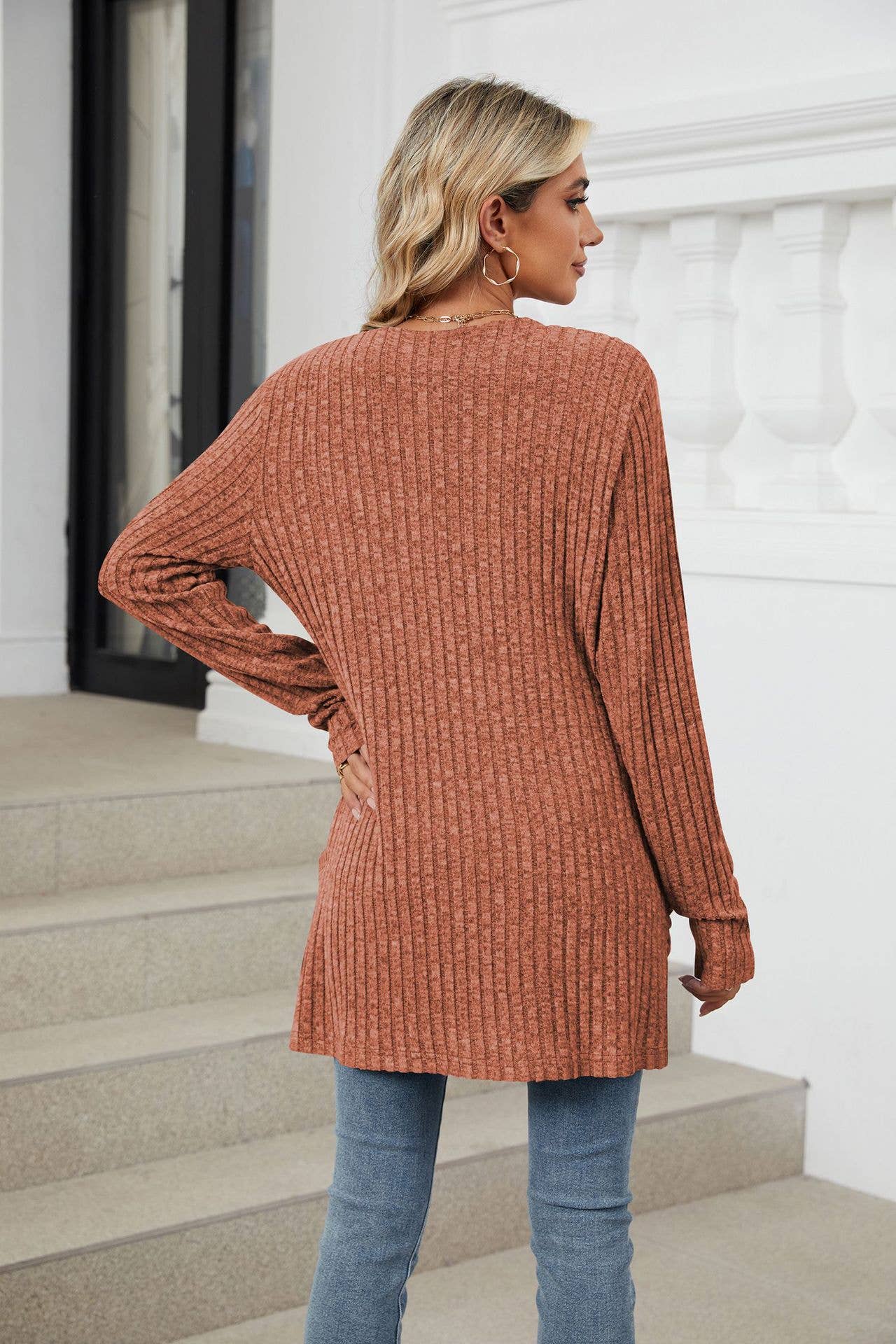 Solid-color casual pocket long-sleeved cardigan