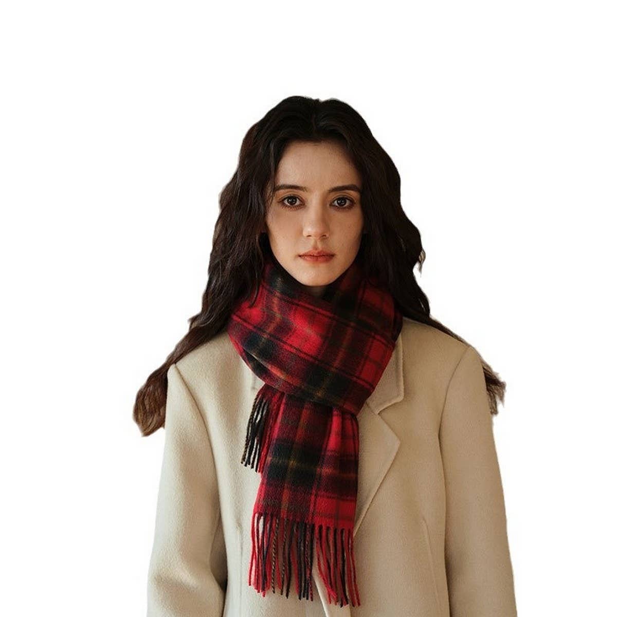 100% Wool Plaid Scarf Red Check Winter Warmth_CWASC2325