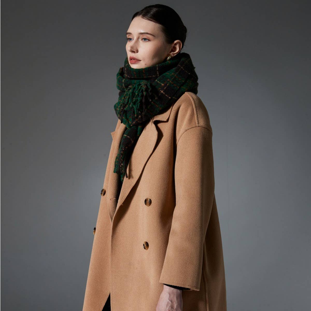 Green Plaid Fringe Scarf - Winter Wrap for Women