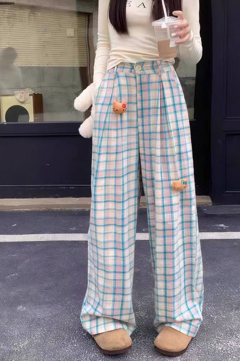 CWBLP2081_PLAID HIGH WAIST LOOSE DOPAMINE LOUNGE PANTS