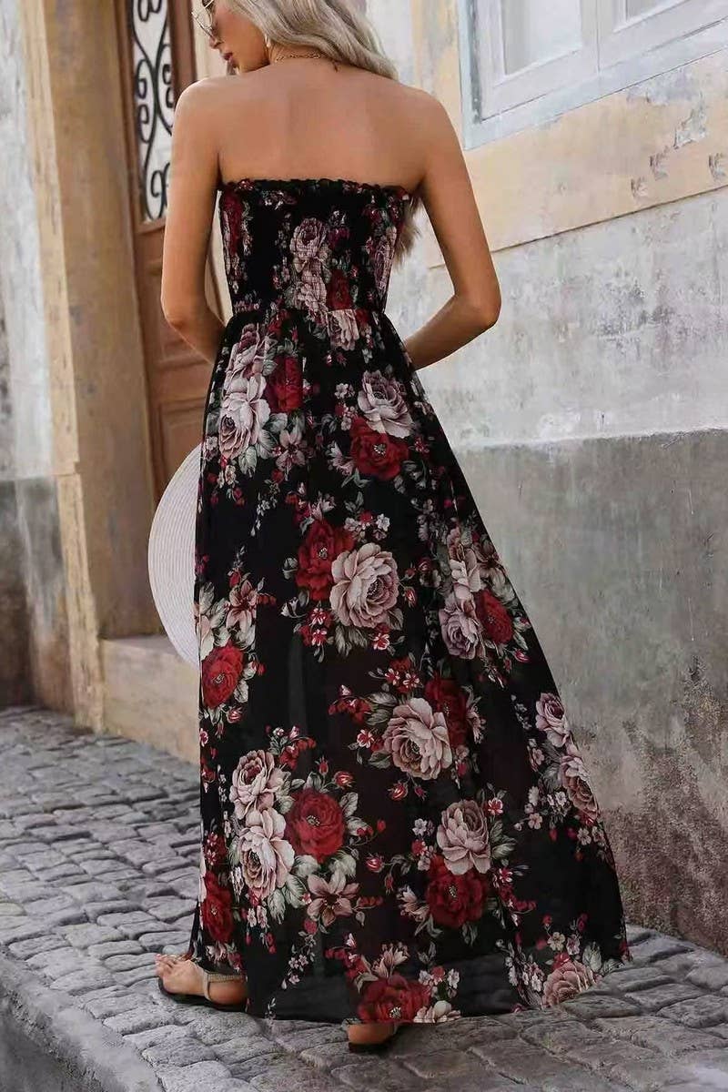 CWDTD0485_FLORAL PRINT STRAPLESS SEXY MAXI DRESS