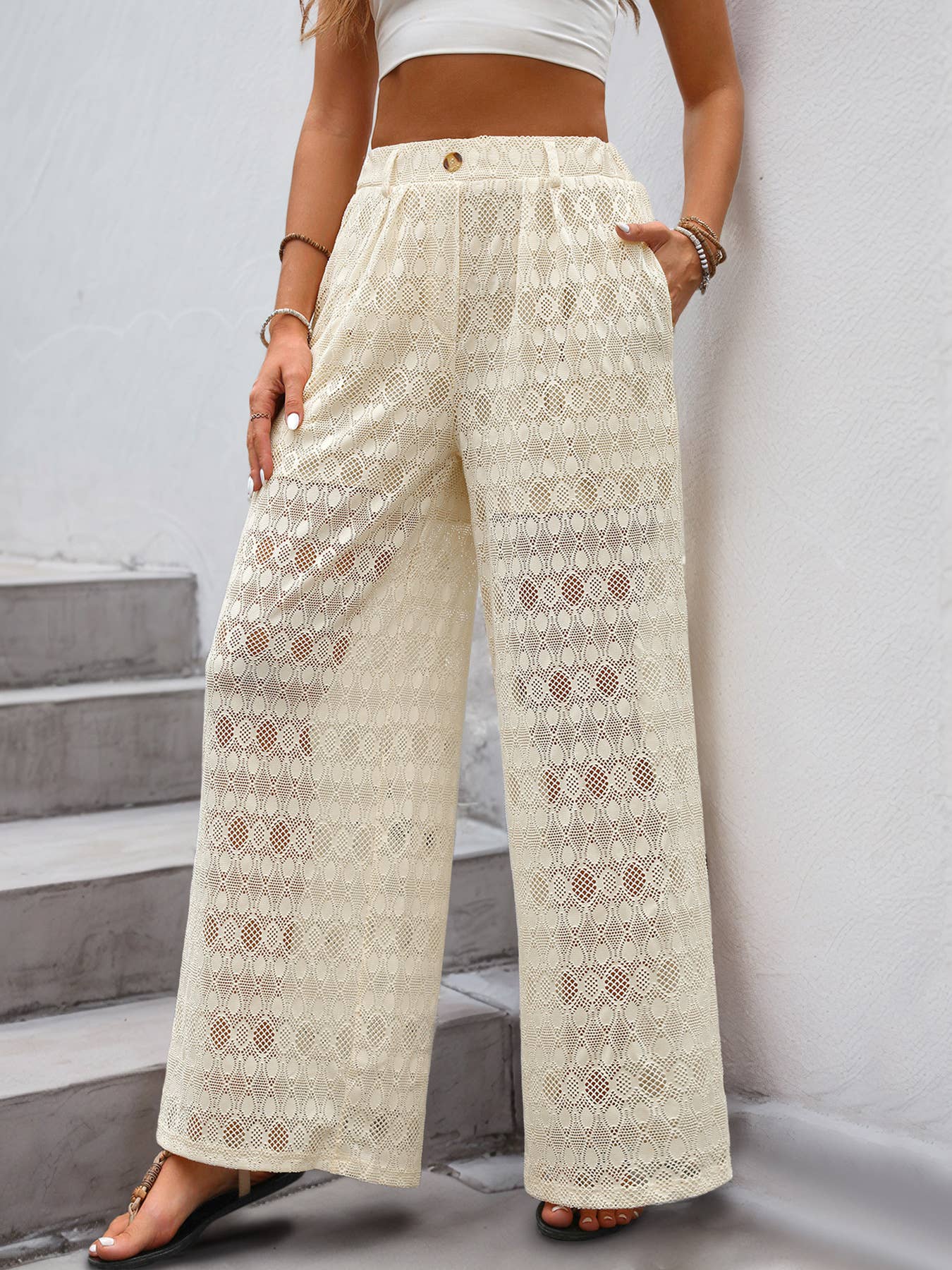 High-waisted loose see-through wide-leg pants