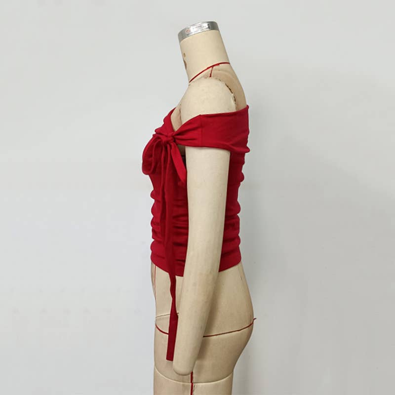 Slim Fit Red Off Shoulder Tie Front Tee