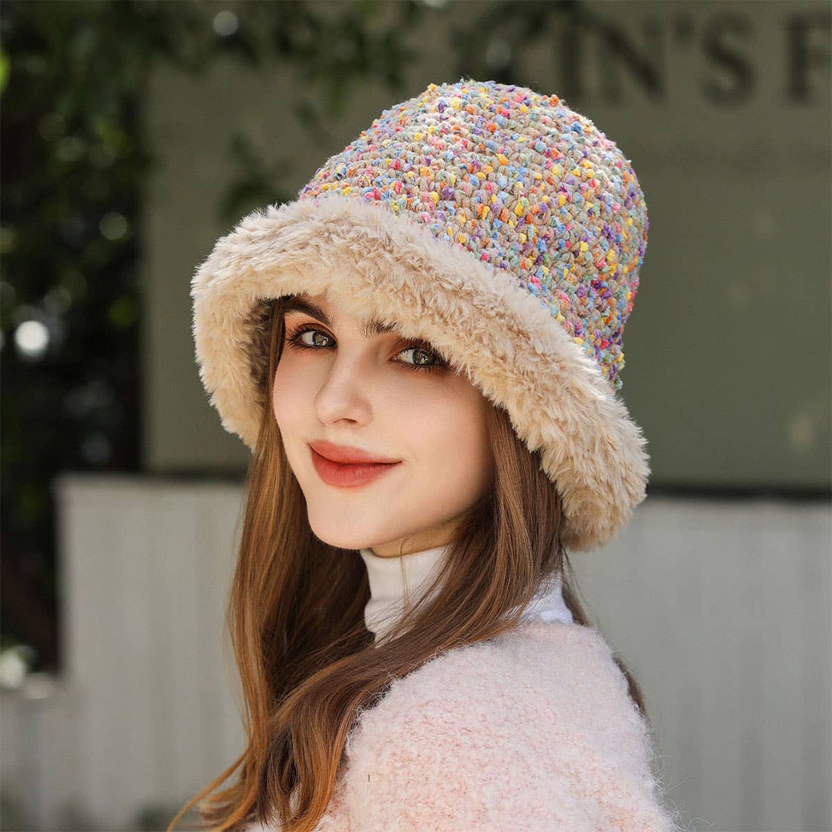 RAINBOW KNIT BEANIE COZY KNITTED BUCKET HAT_CWAH1981