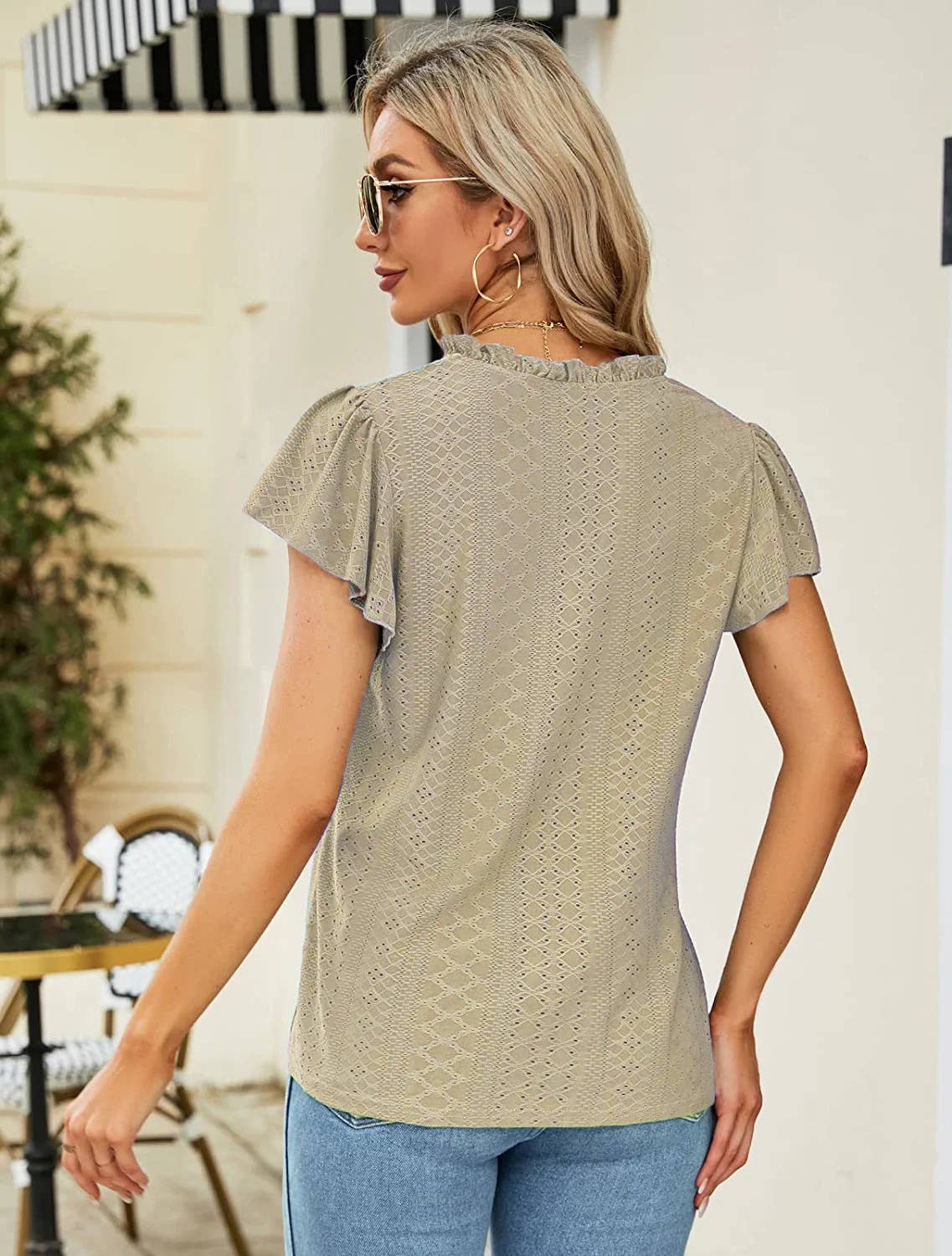 JACQUARD V-NECK STACK SLEEVE T-SHIRT TOP