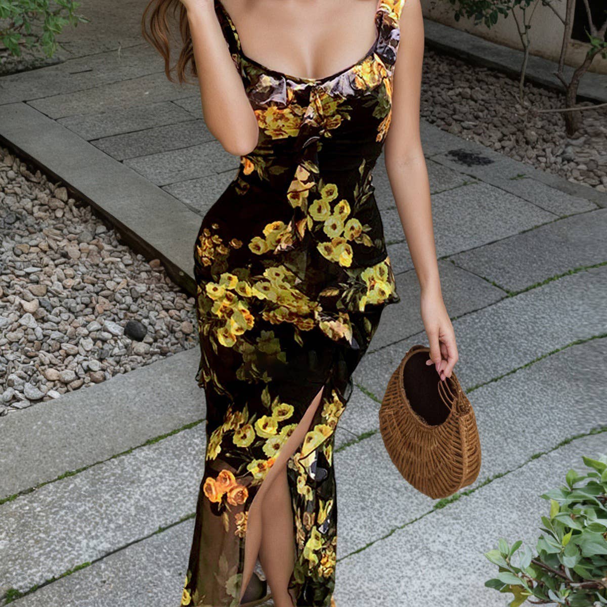 Tea break French printed ruffled halter dress