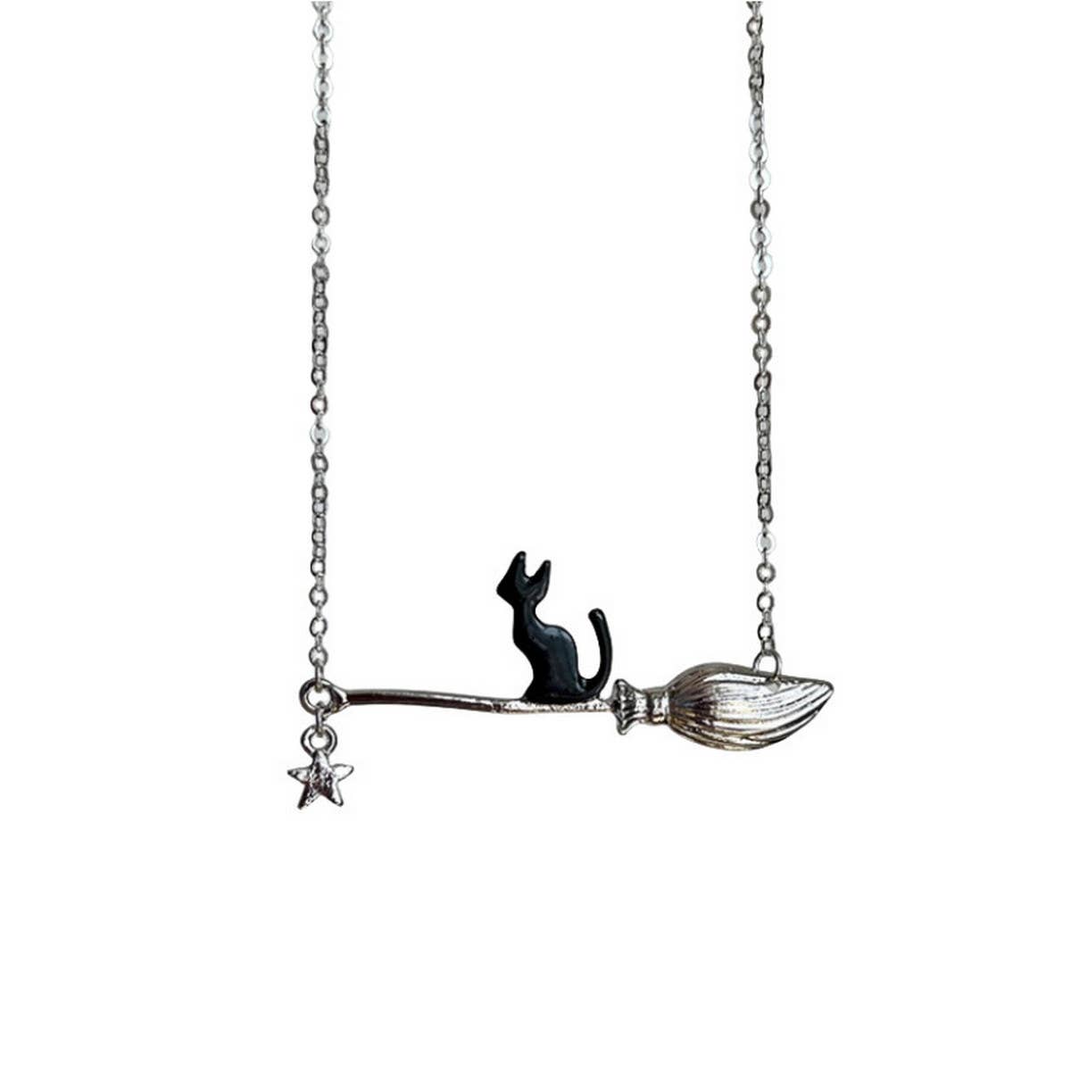 HALLOWEEN MAGIC BROOM BLACK CAT NECKLACE