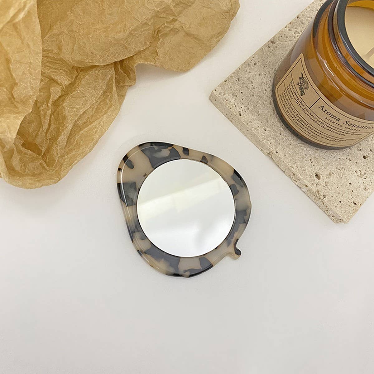 Compact Acetate Leaf-Shaped Makeup Mirror