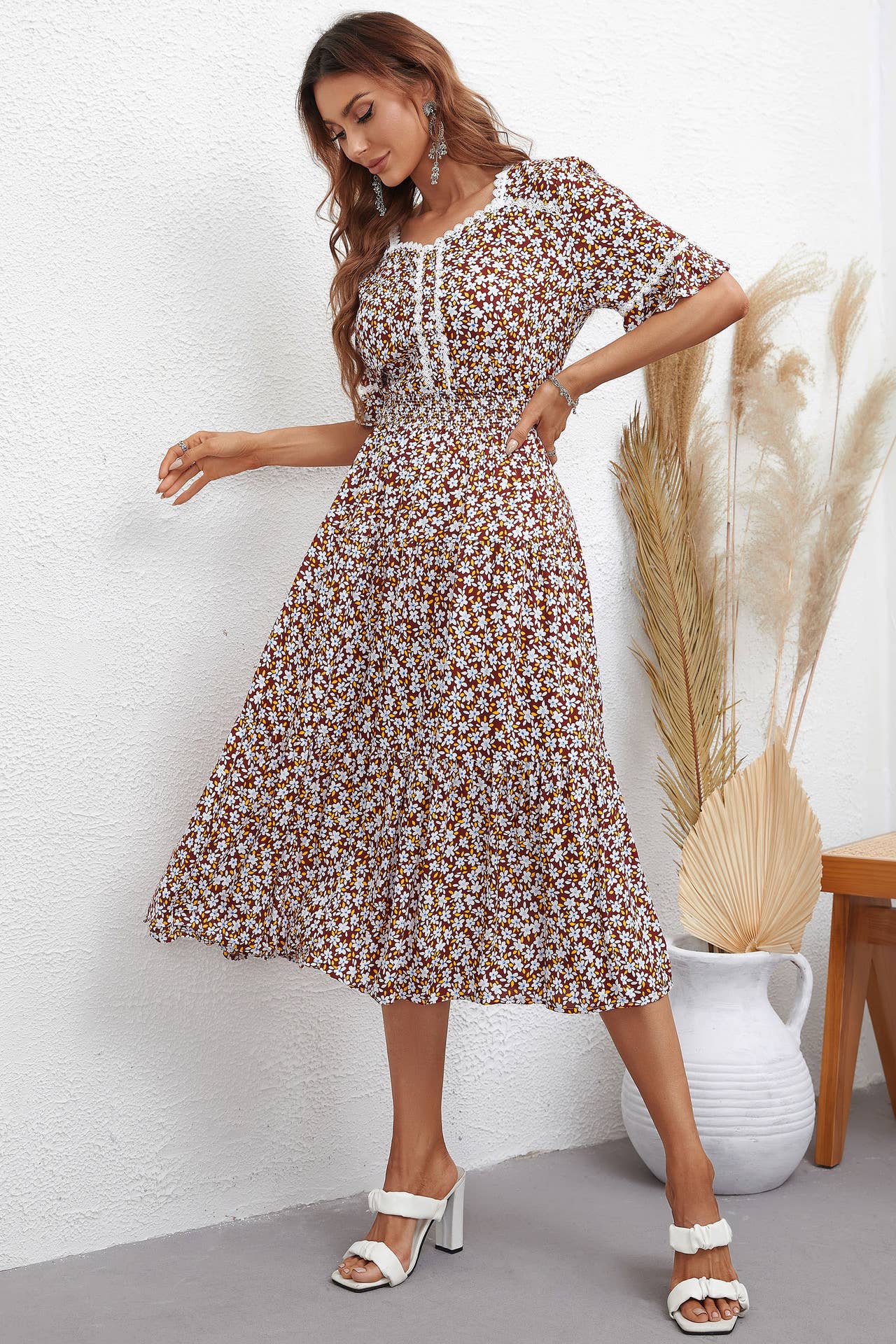 Stylish print square collar waist dress