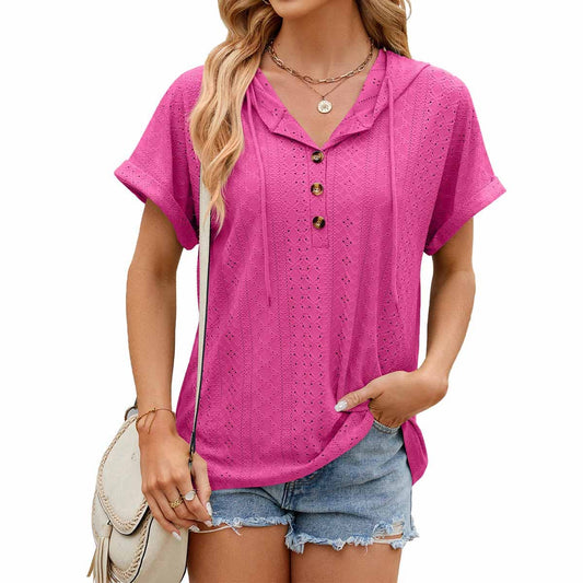 Solid color half-breasted hooded loose T-shirt