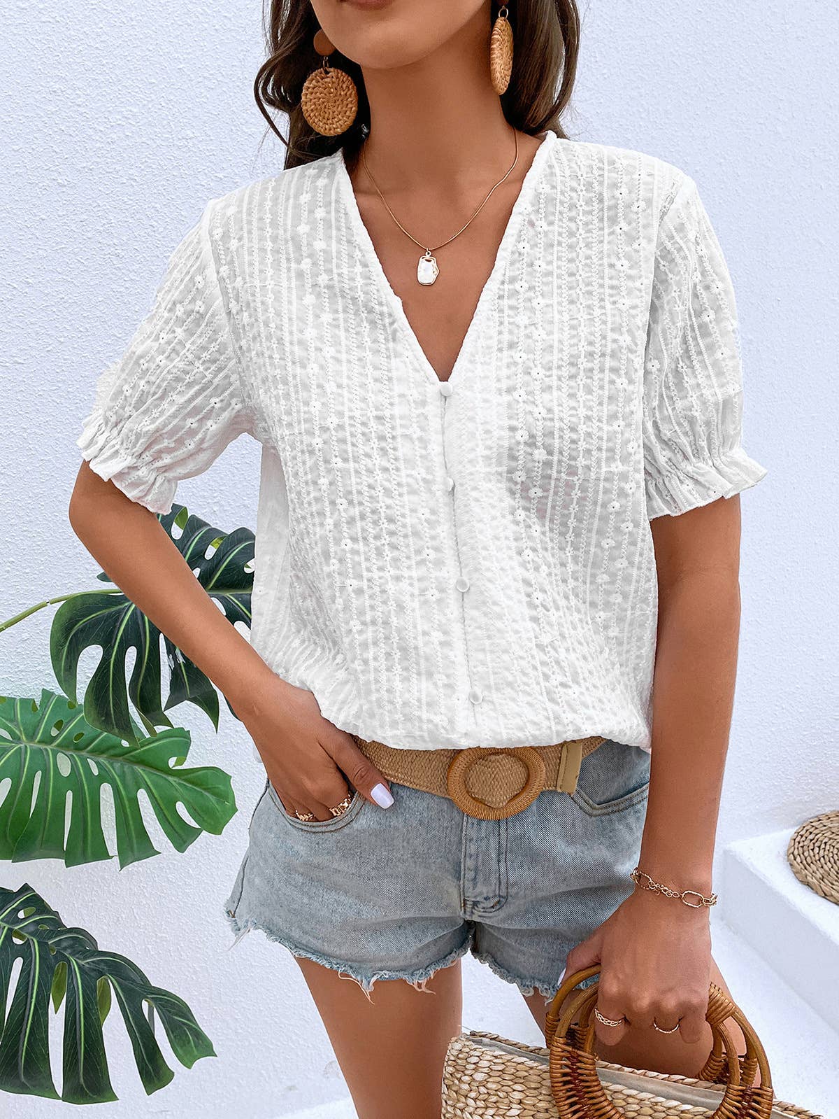 V-NECK LANTERN SLEEVE LOOSE SINGLE-BREASTED TOP
