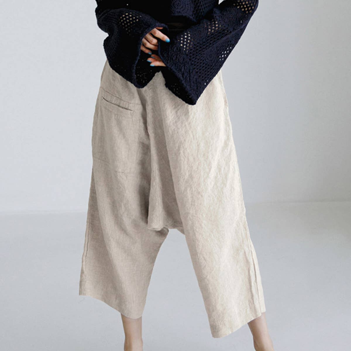 FABRIC LINEN-COTTON NINE-MINUTE WIDE-LEG PANTS