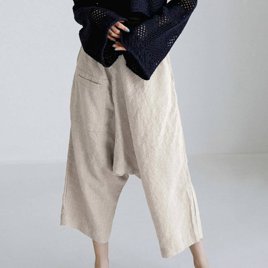 FABRIC LINEN-COTTON NINE-MINUTE WIDE-LEG PANTS