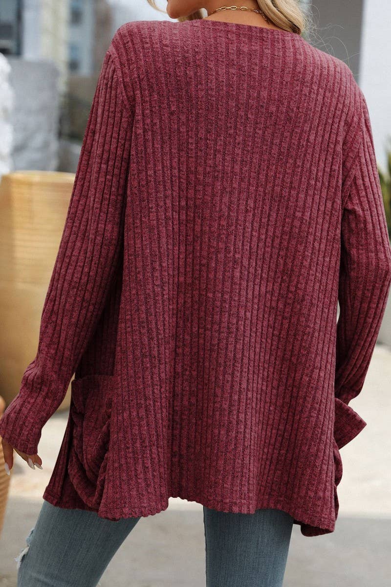 CWOCAL1308_SOLID COLOR RIBBED POCKET LONG SLEEVE CARDIGAN