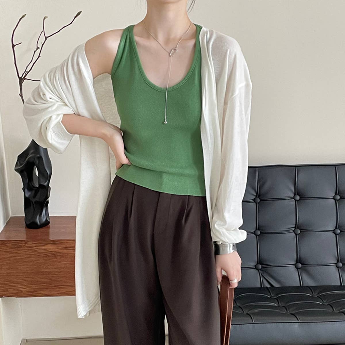 Long sleeve long wool knit cardigan without button