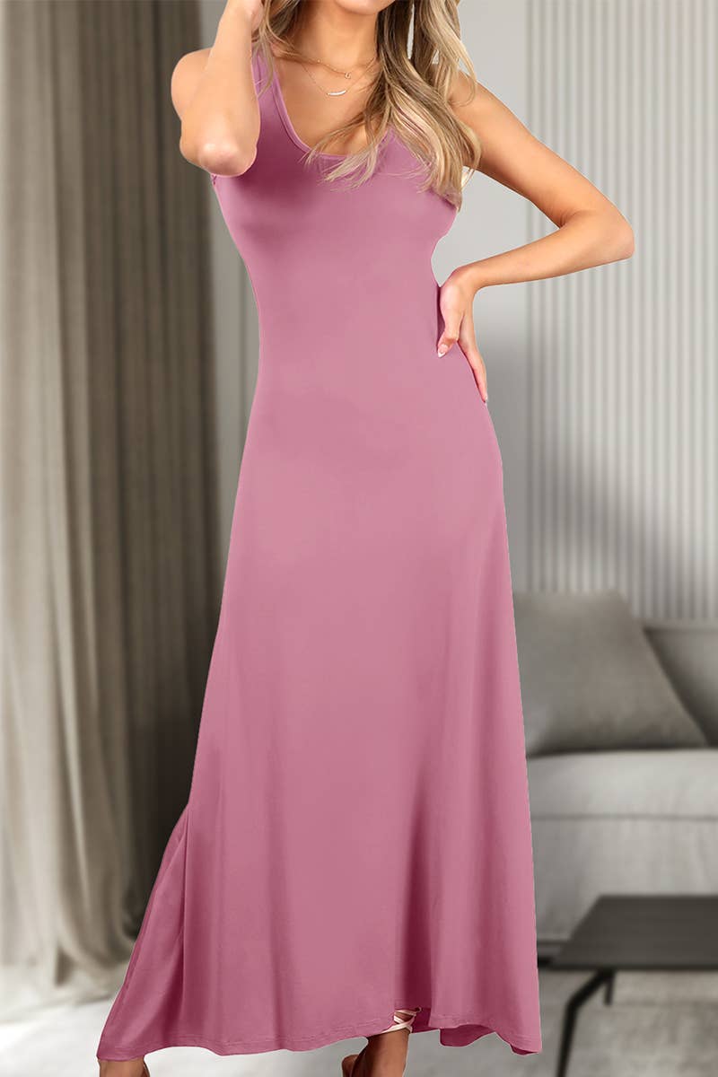 AWDMD281_SLEEVELESS VEST SOLID COLOR KNITTED LONG DRESS