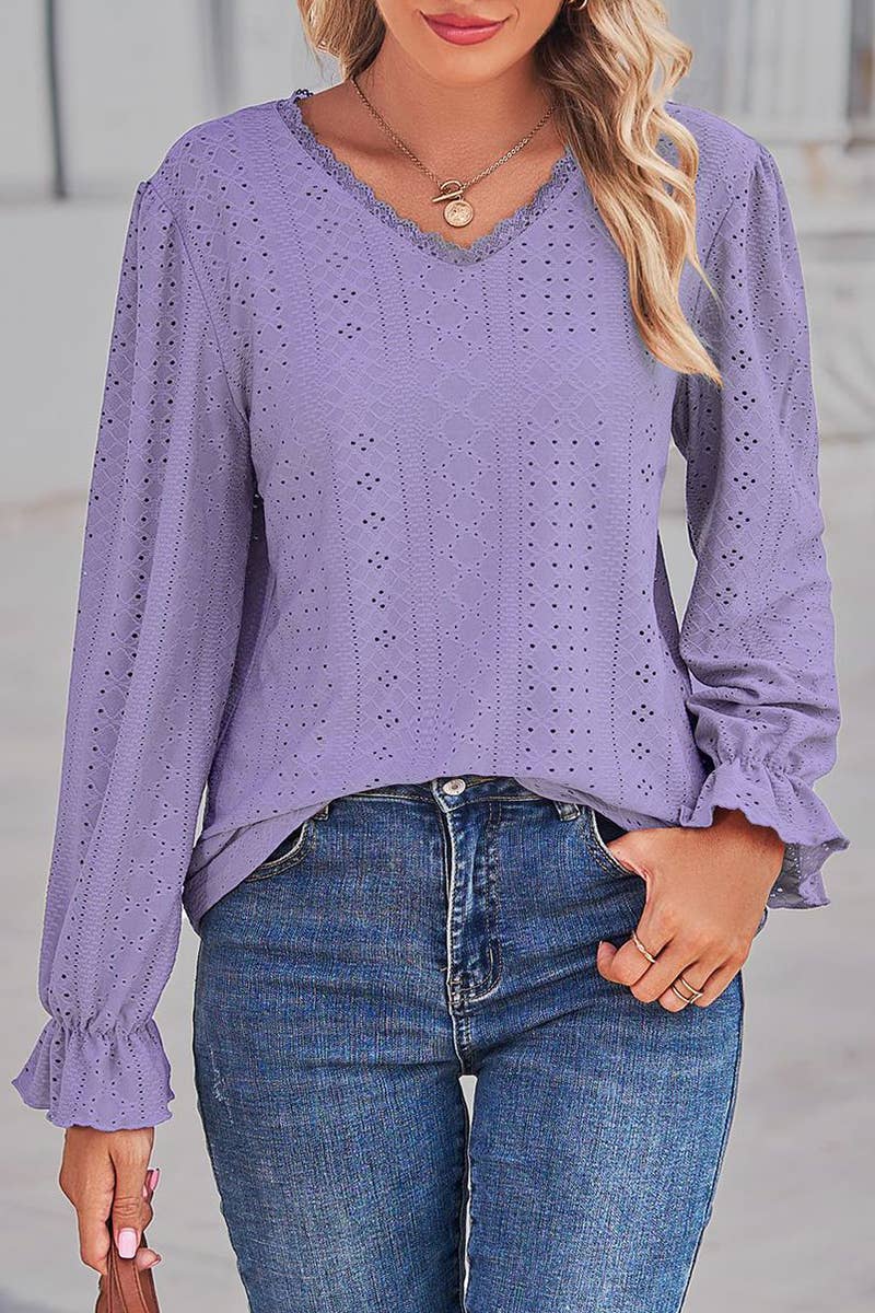 WOMEN LACE TRIM NECK EYELET LONG SLEEVE SHIRT TOP_CWTSTL0301