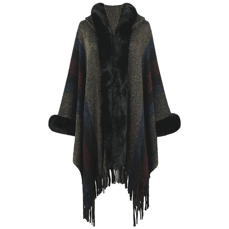 WOMEN'S HOODED CAPE STRIPED KNITTED FRINGE SHAWL
