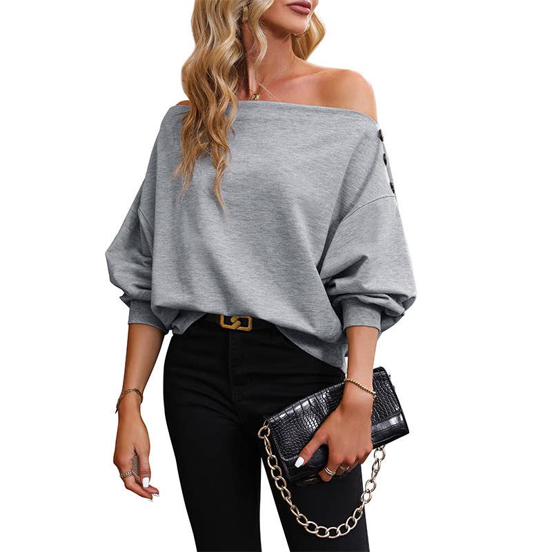 SOLID COLOR LINE NECK OFF-SHOULDER HOODIE