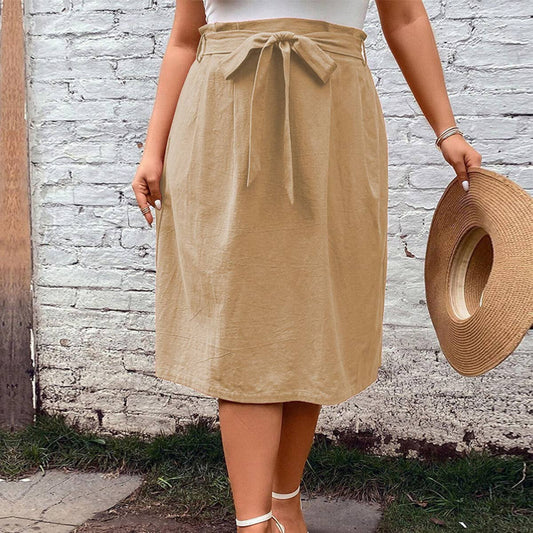 ELASTIC WAISTBAND MID LENGTH KHAKI SKIRT_CWBMS0103