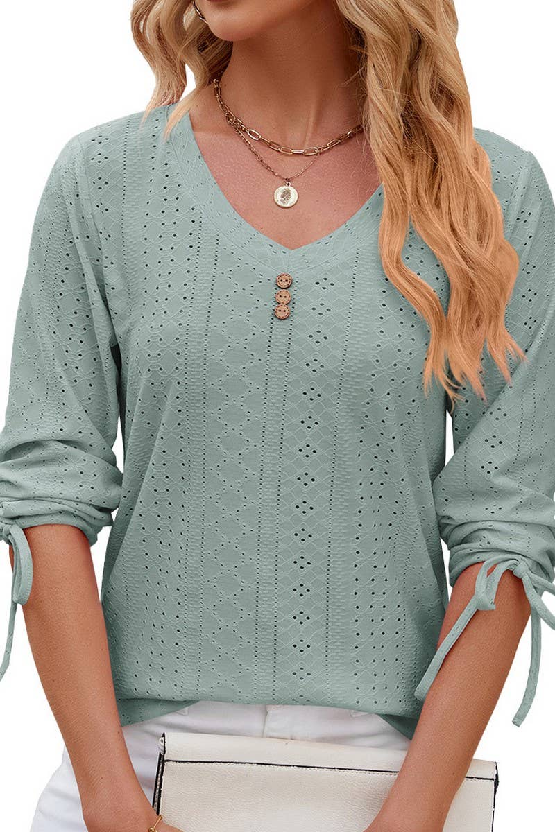 V NECK BUTTON DRAWSTRING T SHIRT_CWTSTS0191