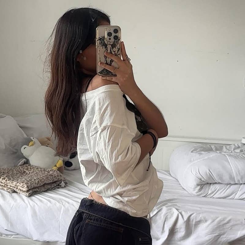 Hip hop style mouth print design one-shoulder Top