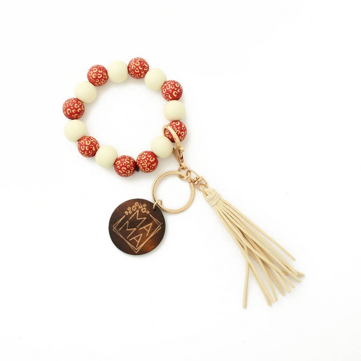 Leopard Wood Bead Bracelet with Tassel Keychain_CWAB5013