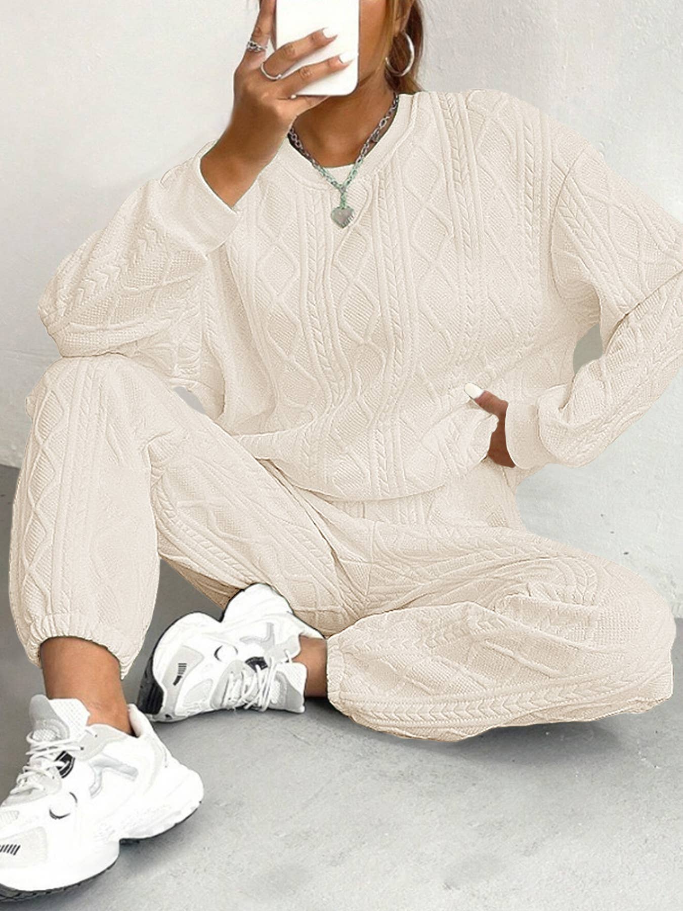 Fashionable threaded jacquard long pants set