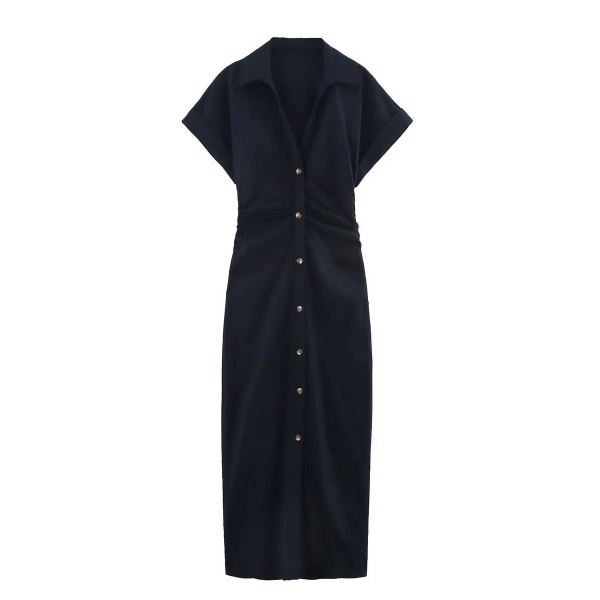 Linen Collared Short Sleeve Midi Dress for Women