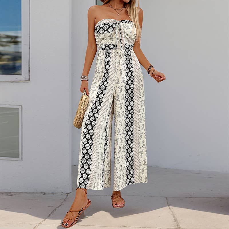 High waist boho tie waist wide leg pants