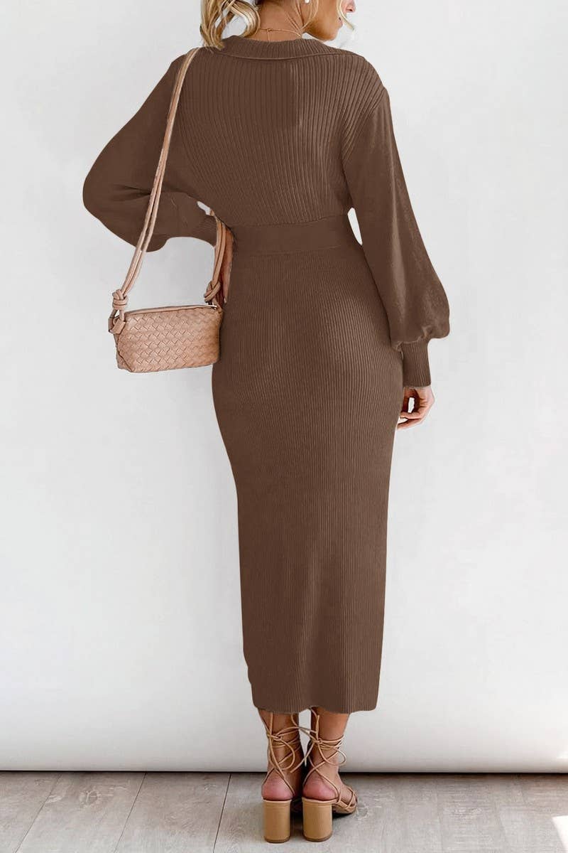 CWDMD01035_VINTAGE LANTERN SLEEVE V NECK KNIT SWEATER DRESS