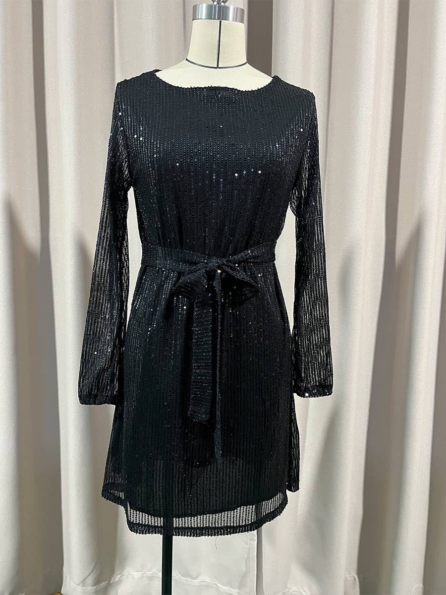 Sequined and beaded short waist-cinching dress